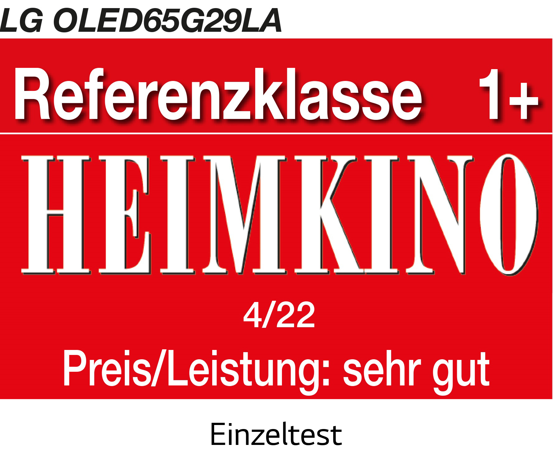 Heimkino-Testbericht: LG OLED65G29LA, Referenzklasse 1+, Preis/Leistung "sehr gut", roter Hintergrund.