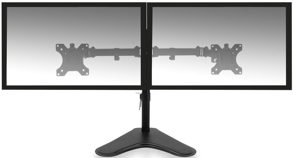 Two computer monitors mounted on a black stand.