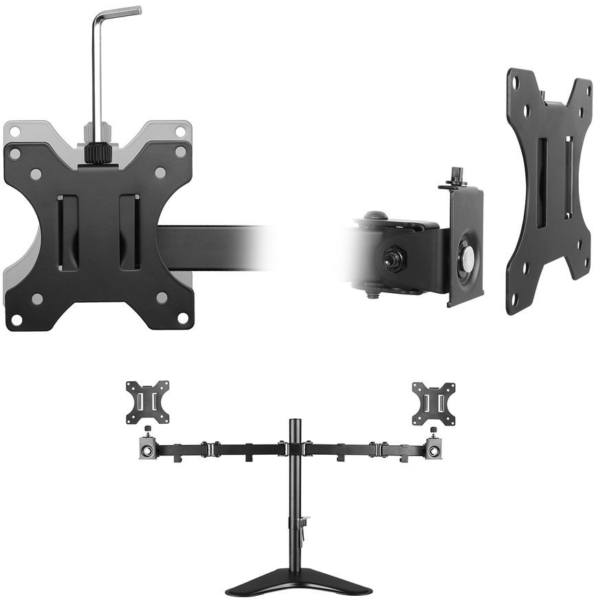 Various monitor mounting brackets in black, including a stand and adjustable arms against a white background.