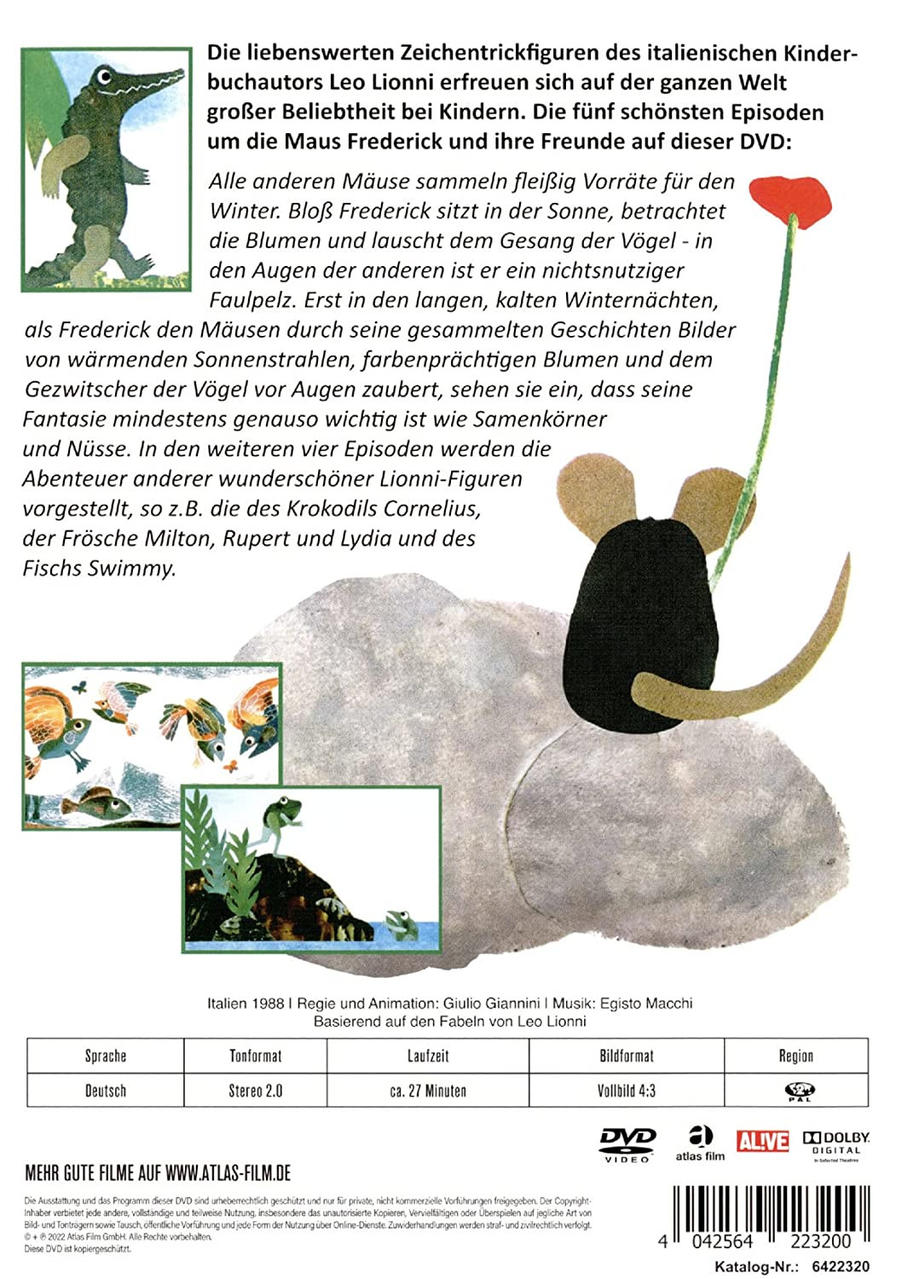 Rückseite einer DVD-Hülle. Mit einem Cartoon-Krokodil und einer Maus mit deutschem Text.