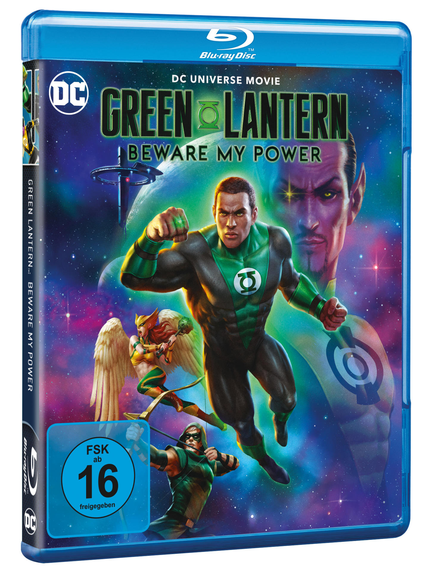 DVD-Cover mit Green Lantern. Ein Green Lantern in der Mitte mit einem lila Hintergrund mit Text und anderen Charakteren.