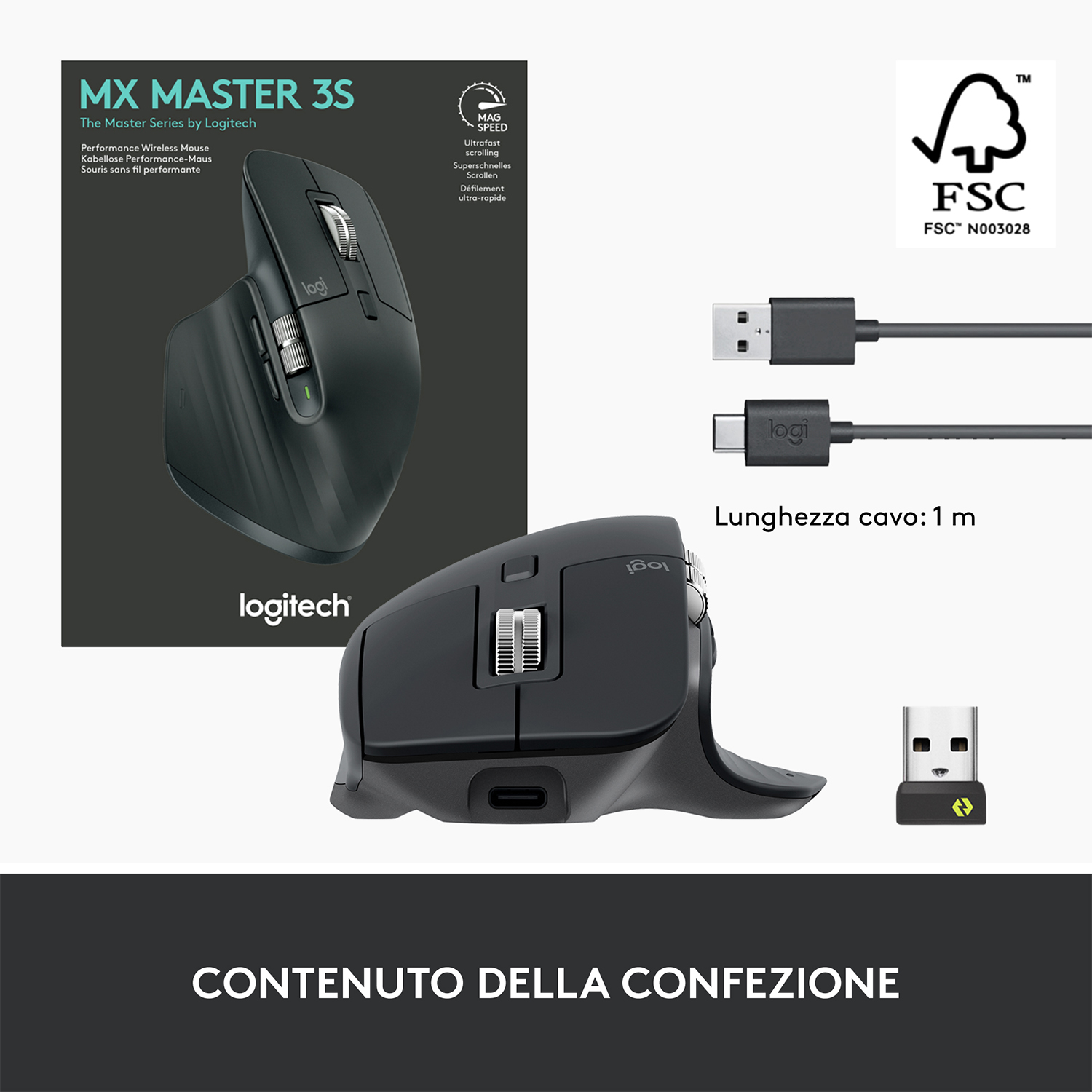 Mouse Logitech nero, cavi e ricevitore USB. Il mouse ha pulsanti laterali e rotella. Imballaggio visibile.