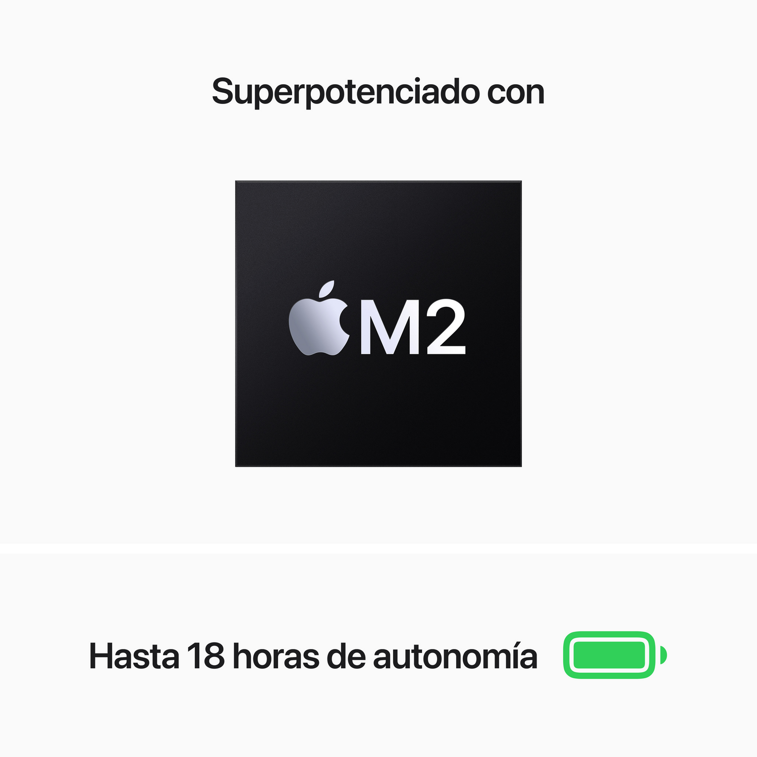 Un dispositivo negro con el logo de Apple, con texto sobre M2 y duración de la batería.