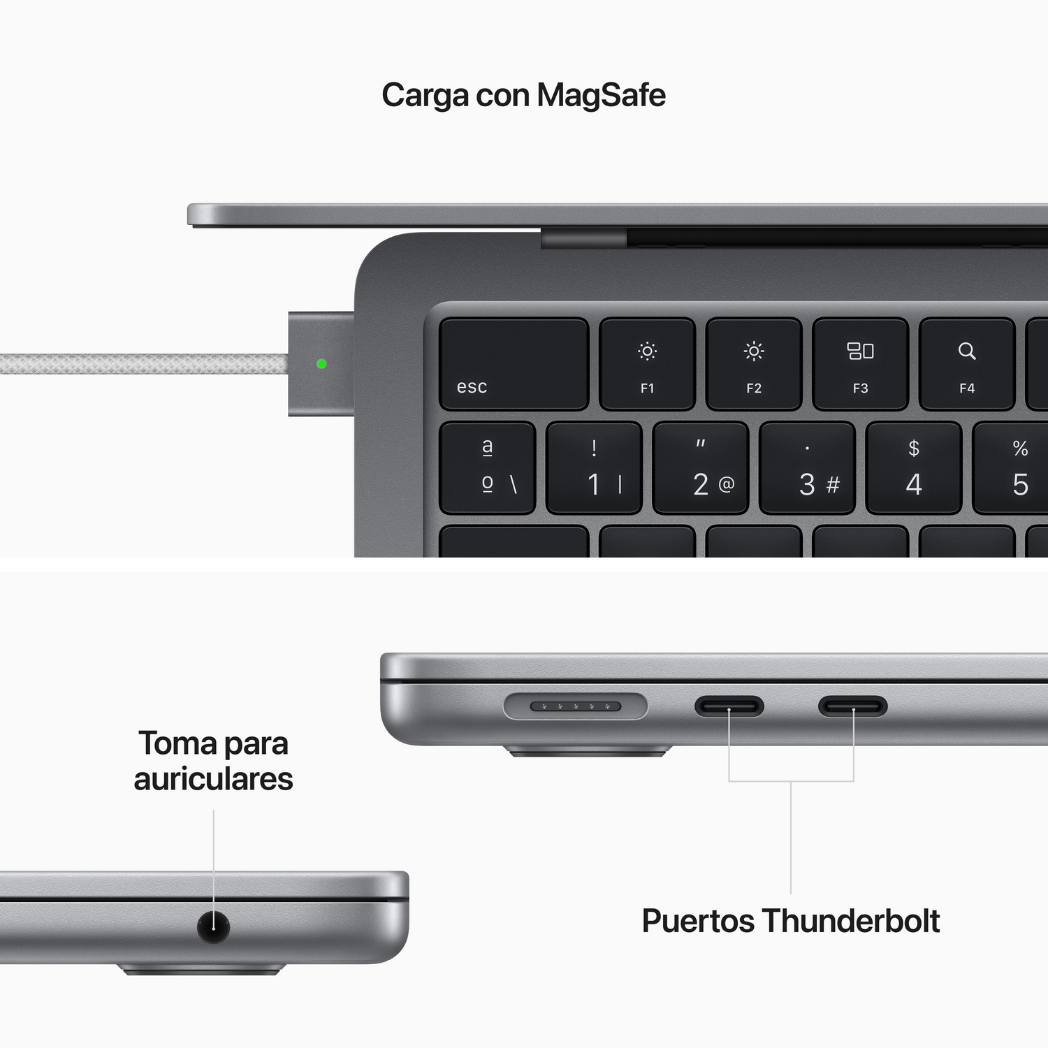 Primer plano de un portátil con puerto de carga y área de teclado, con texto en español.