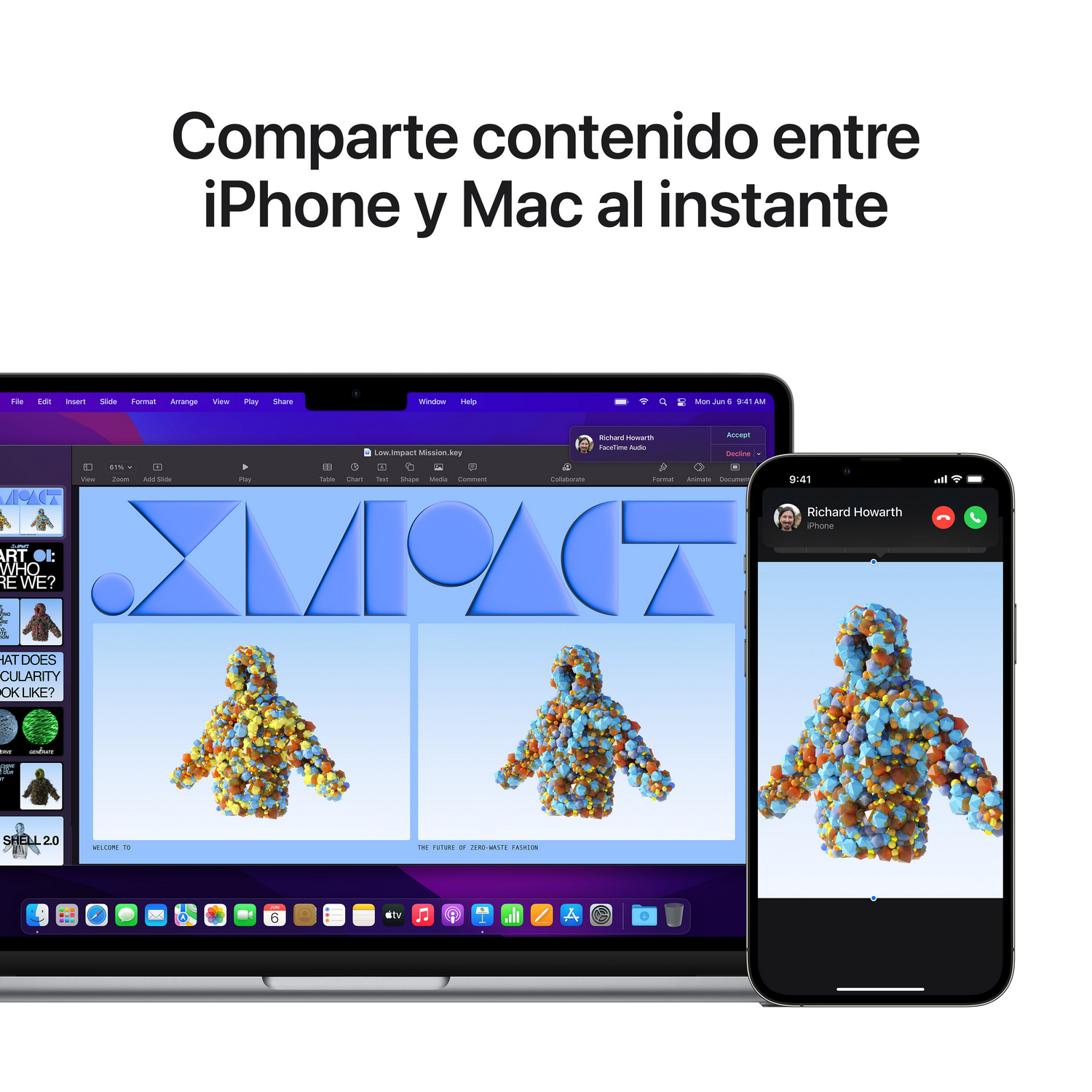 Una laptop y un teléfono muestran la función de compartir contenido entre iPhone y Mac.