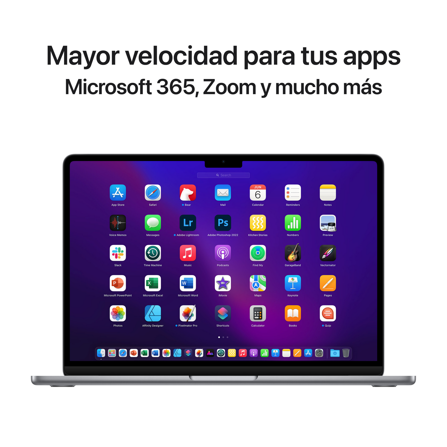 Un portátil mostrando iconos de aplicaciones, con texto "Mayor velocidad para tus apps".
