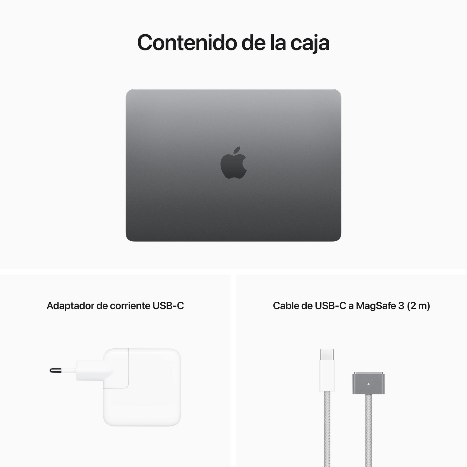 Portátil y dos accesorios: un adaptador de corriente USB-C blanco y un cable USB-C a MagSafe blanco.