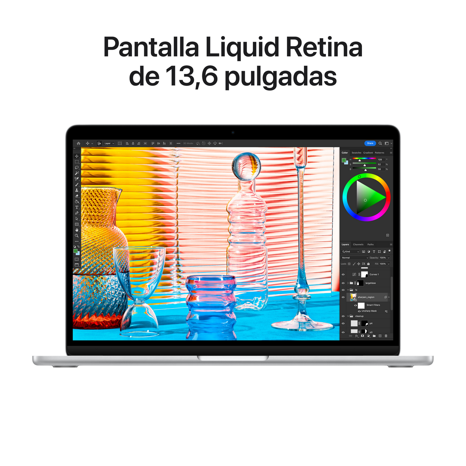Pantalla de portátil mostrando arte de vidrio colorido. El texto en la parte superior dice: "Pantalla Liquid Retina de 13,6 pulgadas".
