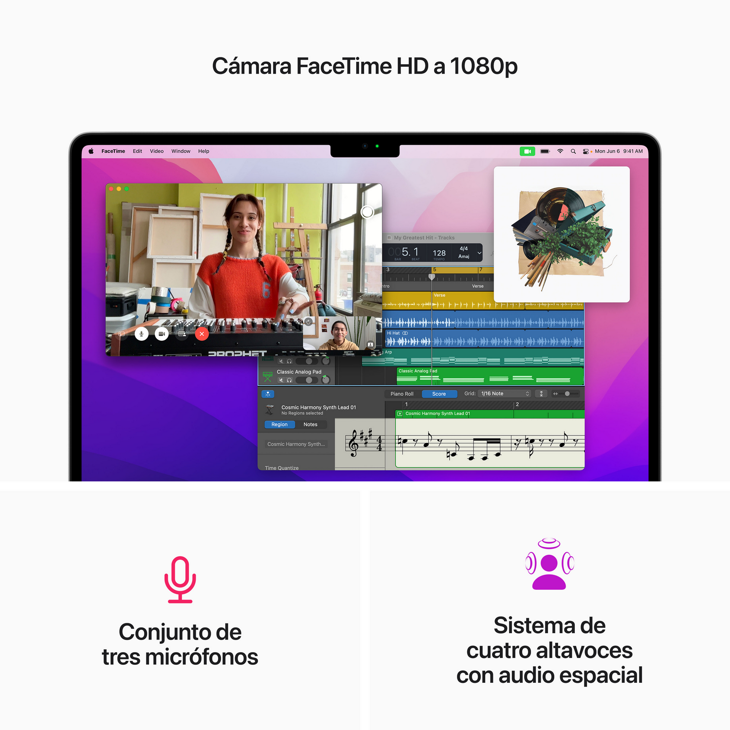 Pantalla de portátil con software en uso, junto con iconos de cámara web y micrófono.