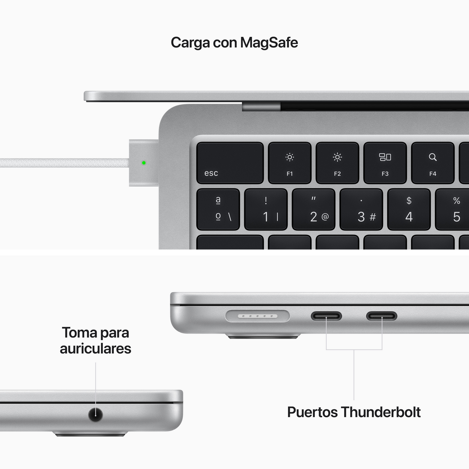 Teclado de portátil con carga MagSafe y puertos Thunderbolt. El teclado es negro con teclas de función.