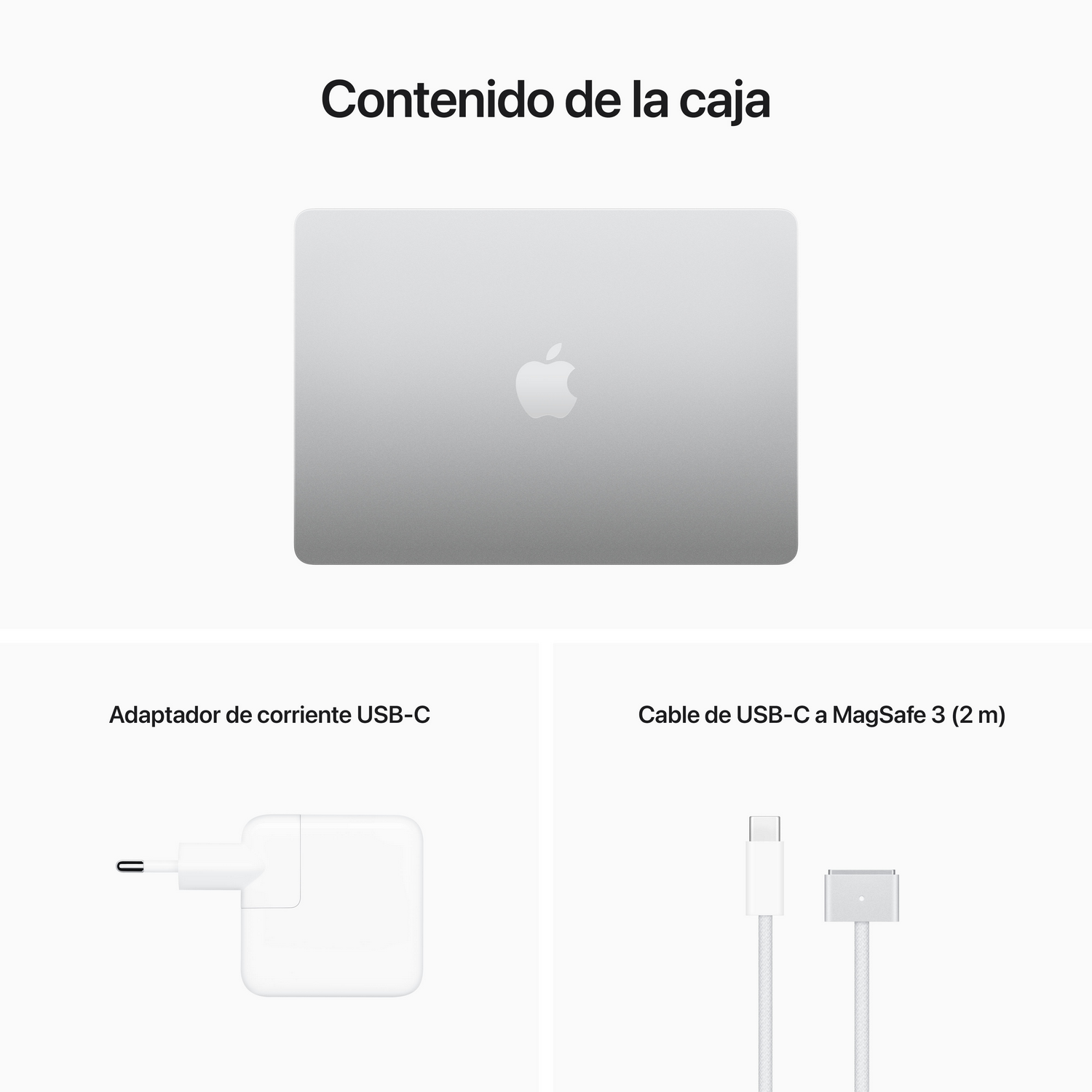 Laptop, cargador y cable en una caja, con el logotipo de Apple en el portátil.