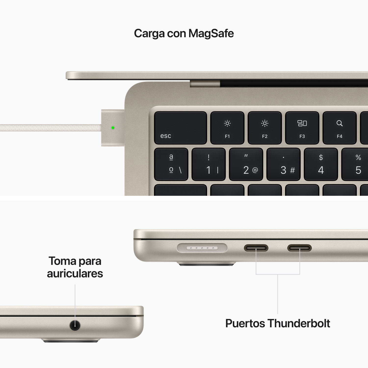 Portátil con cargador enchufado. Incluye primeros planos de puertos, teclado y texto en español.