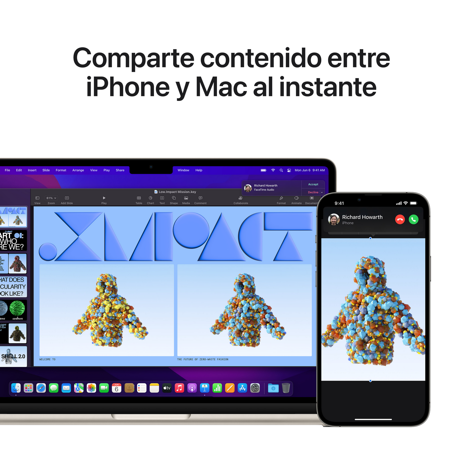 Un portátil y un teléfono comparten contenido al instante. Mostrando un diseño de formas coloridas.