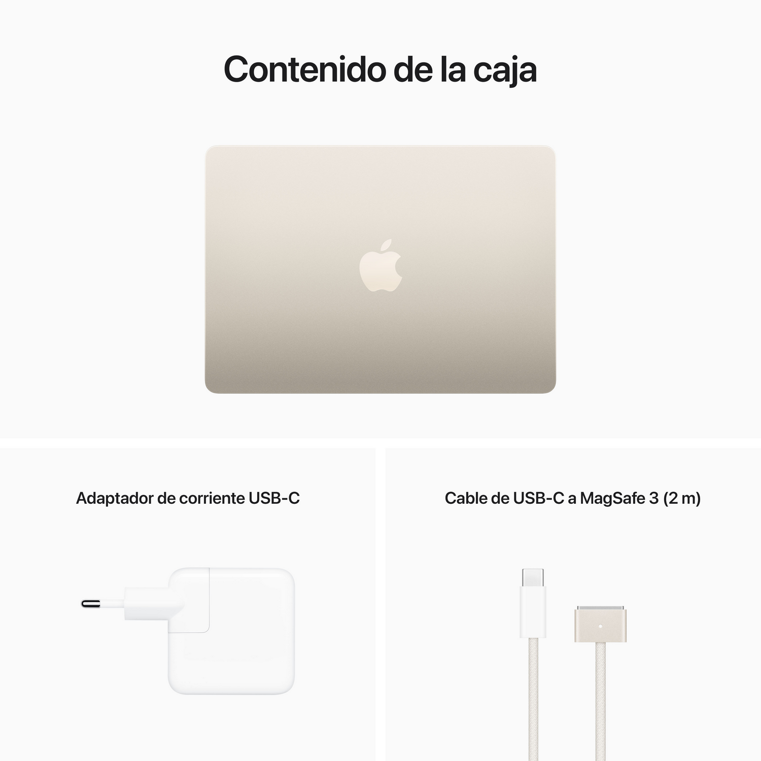 Vista superior de un portátil, adaptador de corriente USB-C y cable USB-C a MagSafe 3.