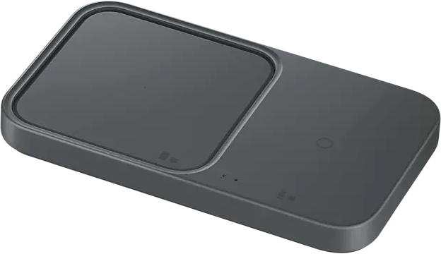 Socle de chargement sans fil gris. Il est rectangulaire avec deux zones de chargement et un logo.