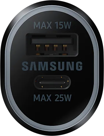 Zwarte Samsung autolader met USB- en USB-C-poorten. Toont 'MAX 15W' en 'MAX 25W' en het Samsung-logo.