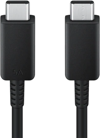 Deux câbles USB-C noirs, côte à côte, avec des marquages 5A.