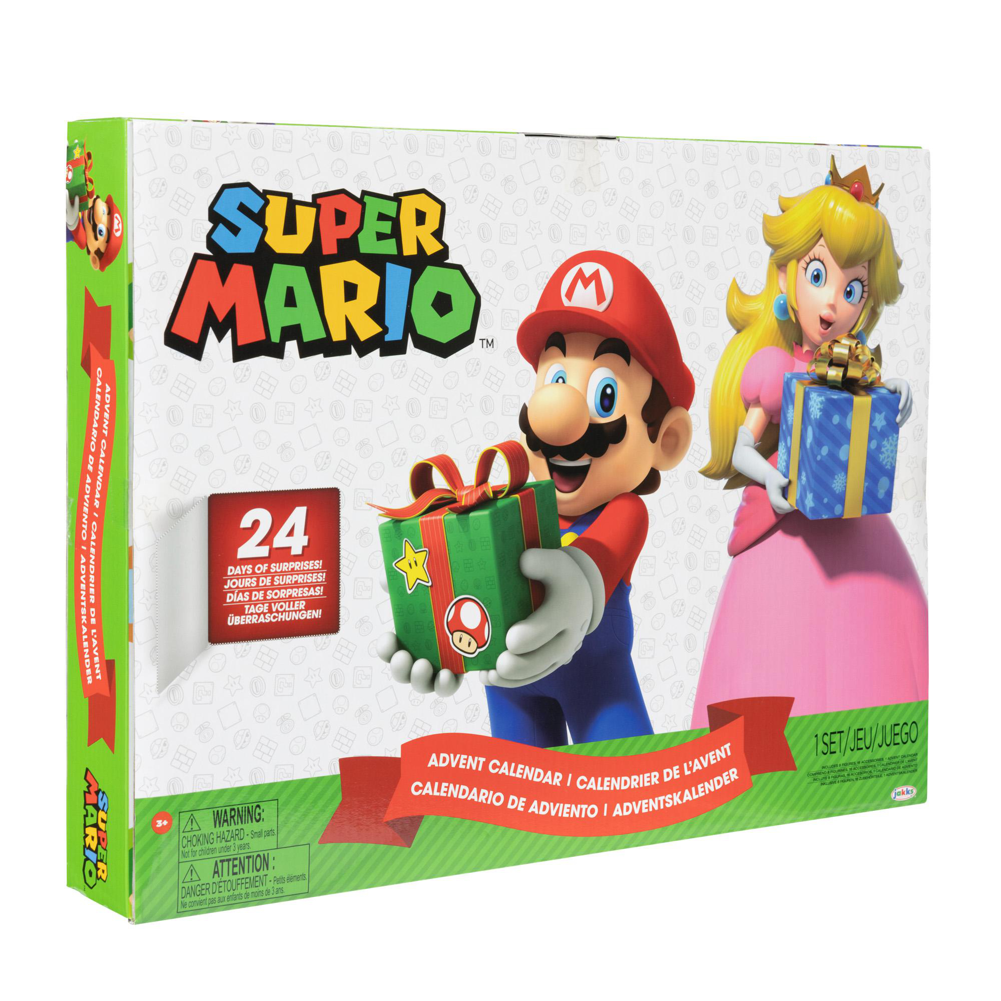 Super Mario Adventskalender mit Mario, Peach und Geschenkbox. Der Hintergrund ist weiß.