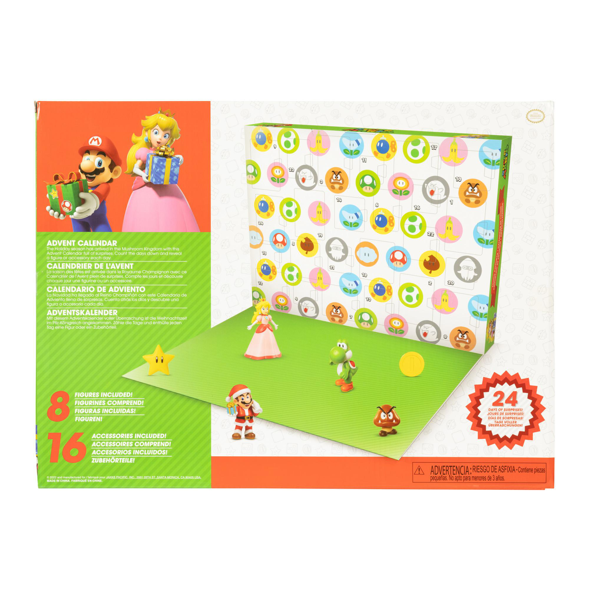 Adventskalender-Box mit Mario-Charakteren, Prinzessin und Yoshi auf grüner Oberfläche.