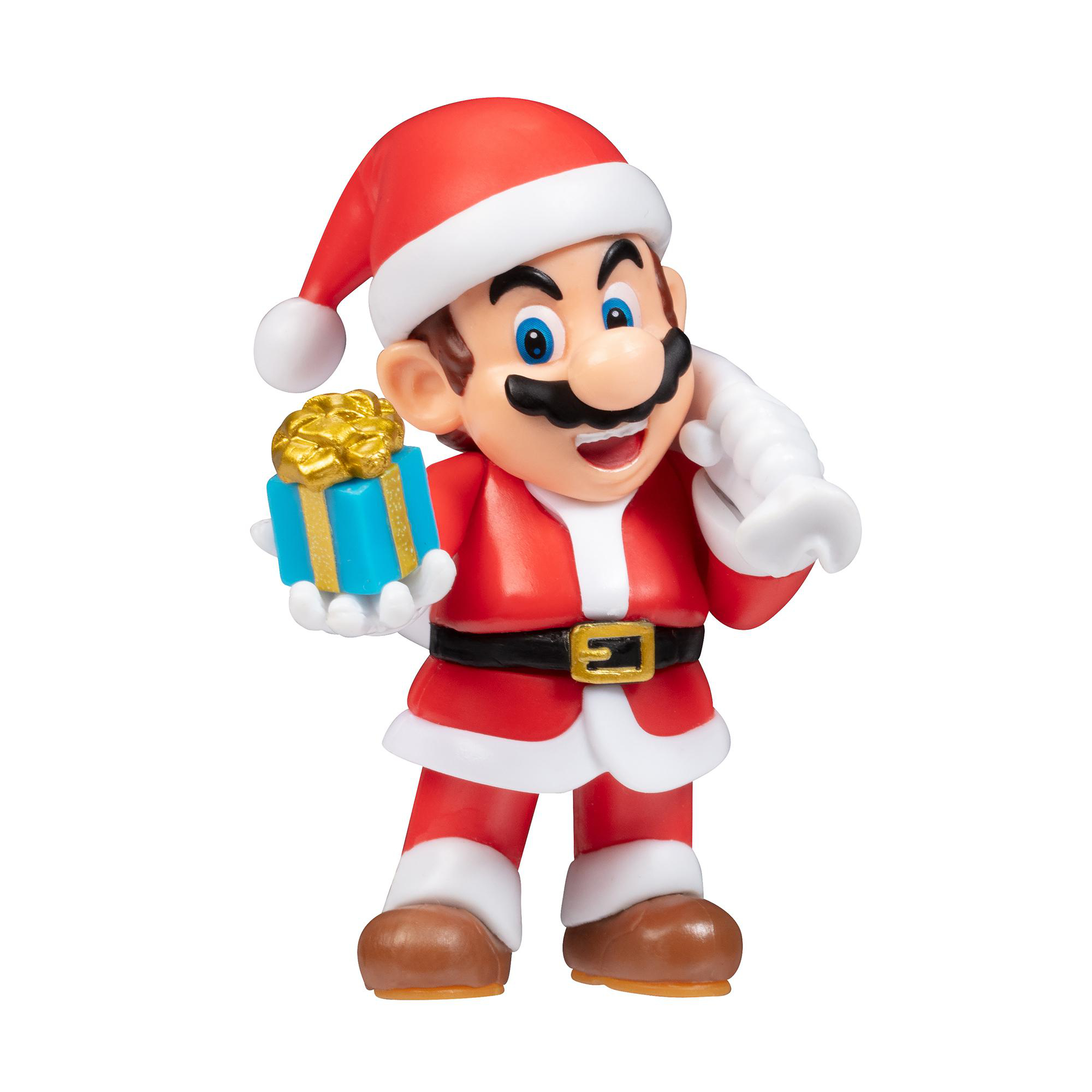 Weihnachtsmann-Mario-Figur, die ein verpacktes Geschenk und einen Sack hält. Roter Anzug mit weißer Verzierung.