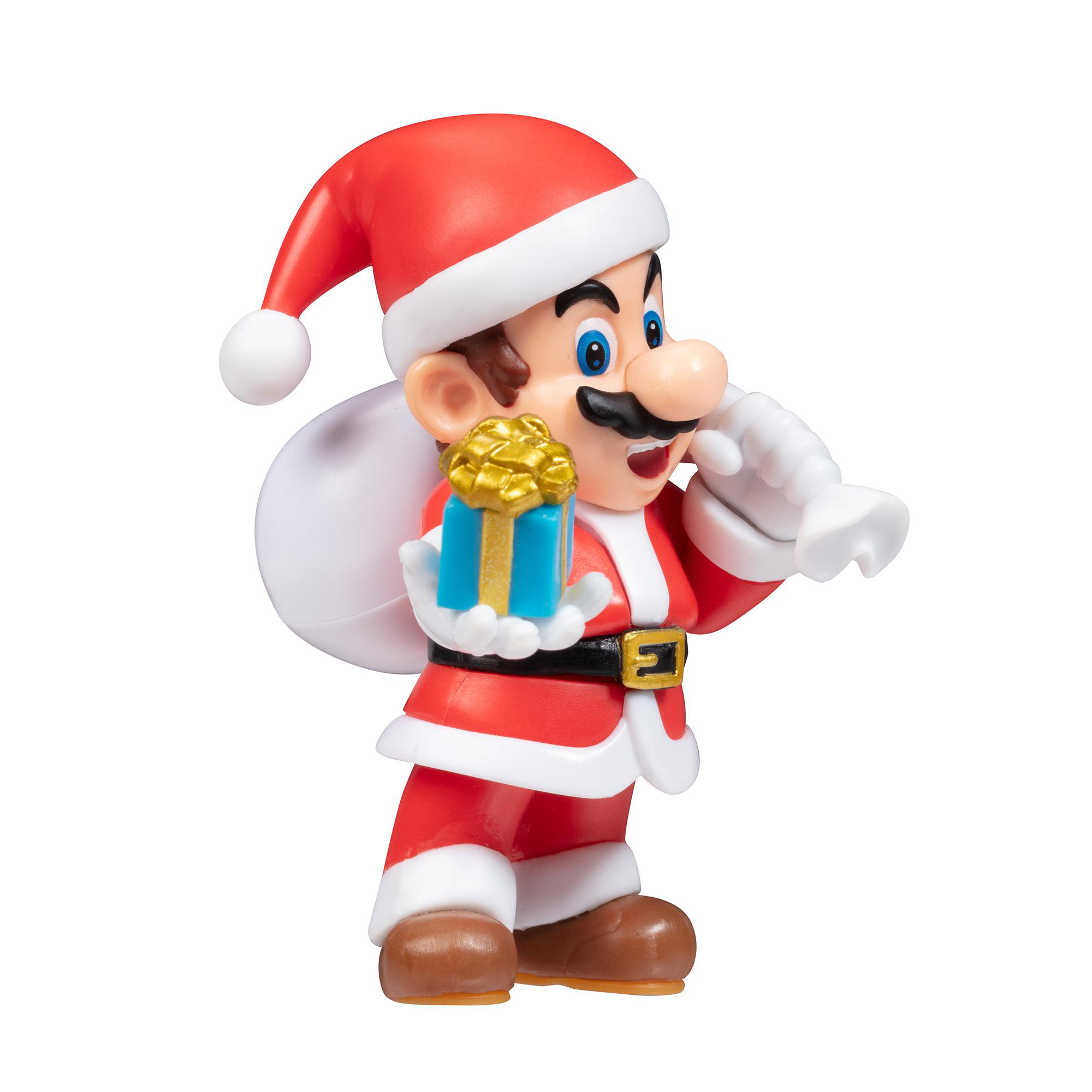 Eine weihnachtliche Mario-Figur, die ein Geschenk und einen Geschenksack hält. Weißer Hintergrund.