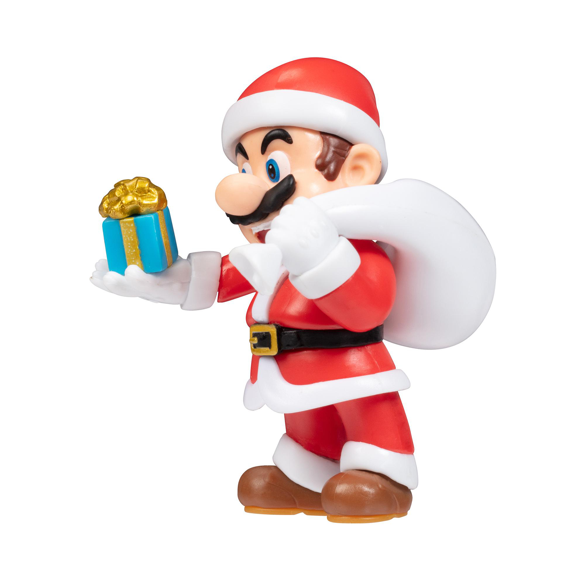 Weihnachtsmann Mario Figur, hält ein Geschenk und eine Tasche, in festlicher Pose.
