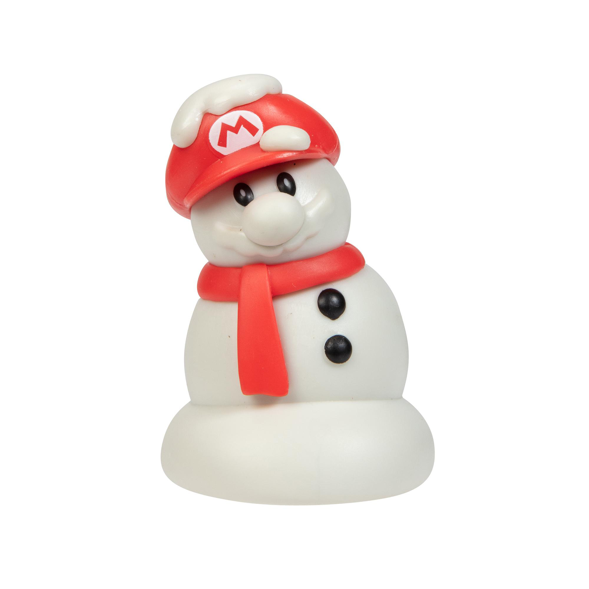 Schneemann mit roter Mütze und Schal mit „M“ auf der Mütze, mit schwarzen Knöpfen und weißem Körper.