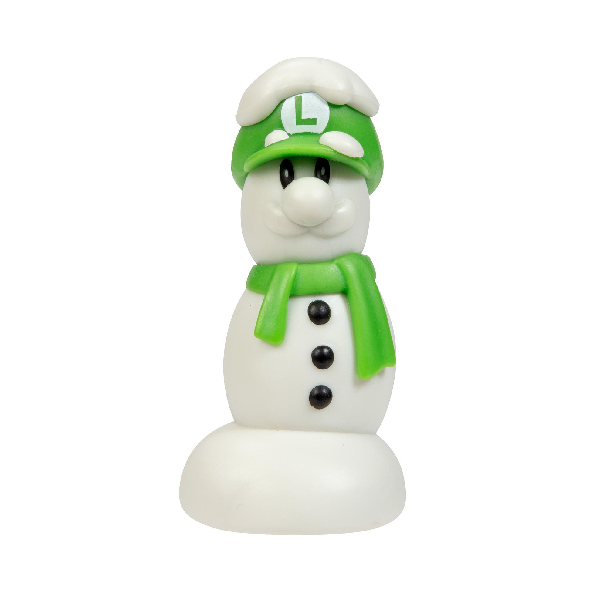 Luigi-Schneemann-Figur, mit grünem Hut, Schal und Knöpfen, weißer Körper.