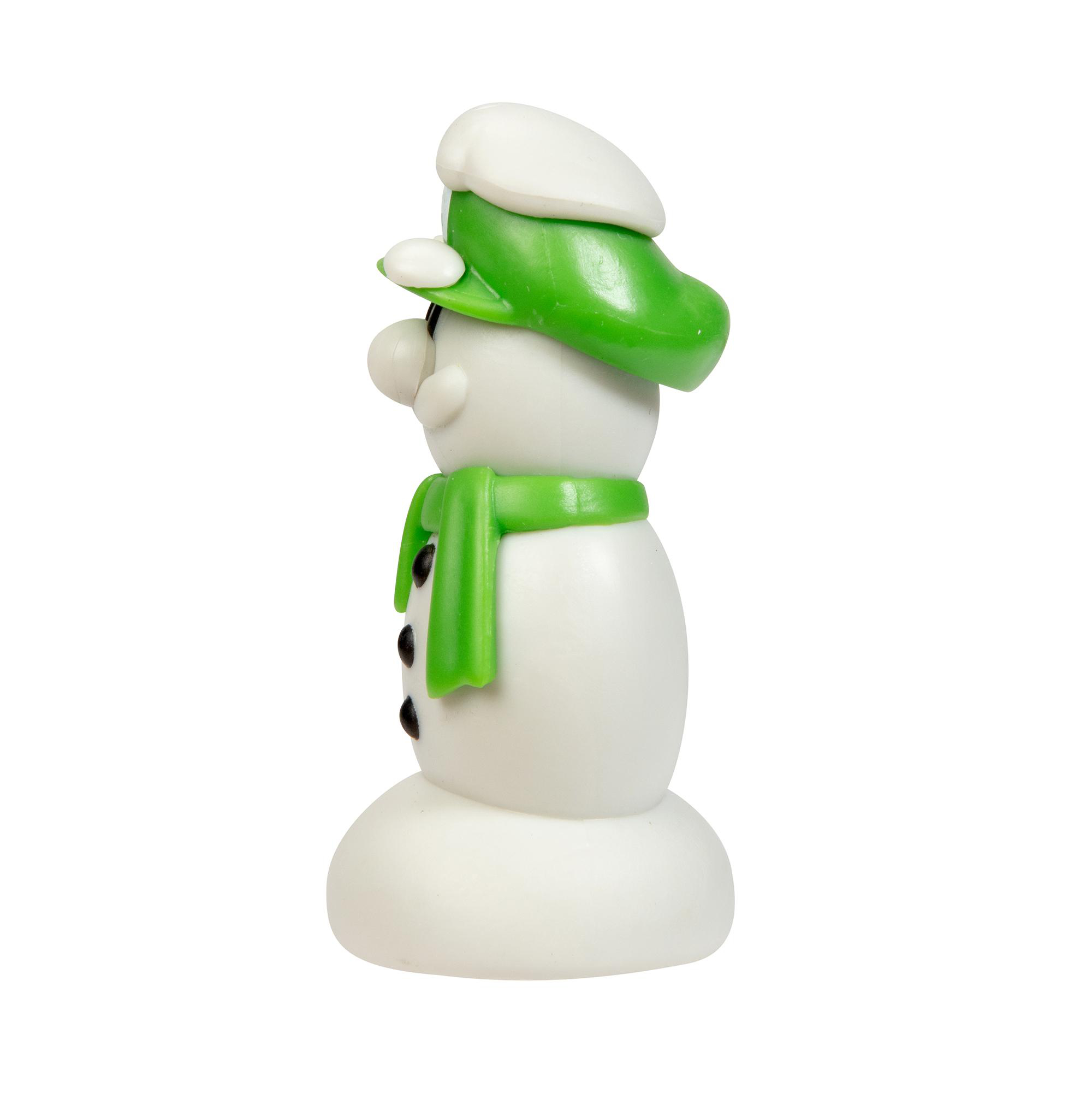 Eine Schneemann-Figur mit grünem Hut und Schal. Schwarze Knöpfe für die Augen und eine Karottennase. Weißer Hintergrund.