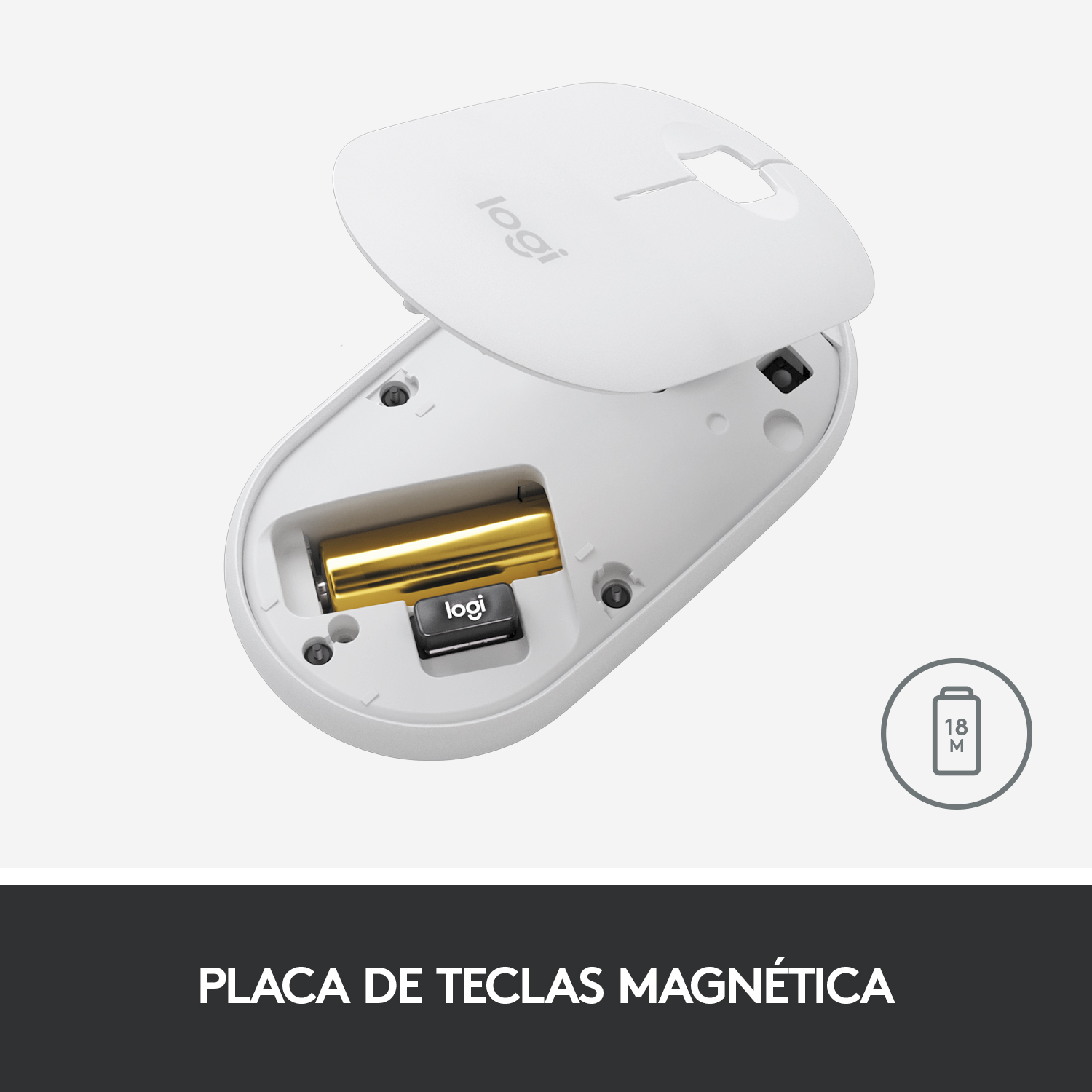 Ratón blanco con compartimento de batería abierto. Batería dorada. Texto: 'PLACA DE TECLAS MAGNÉTICA'.