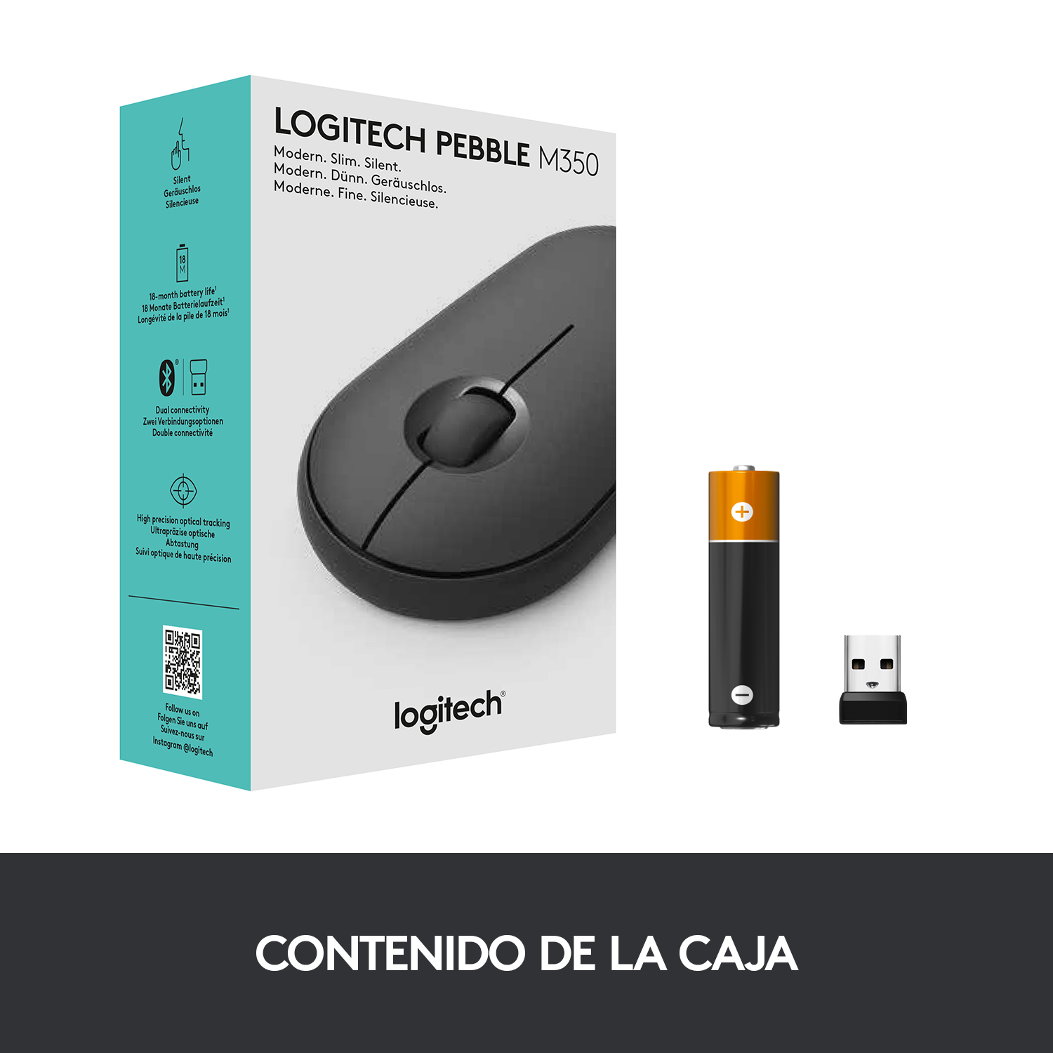 Caja del ratón Logitech Pebble M350, ratón, batería y receptor USB. Caja azul y blanca. Ratón negro.