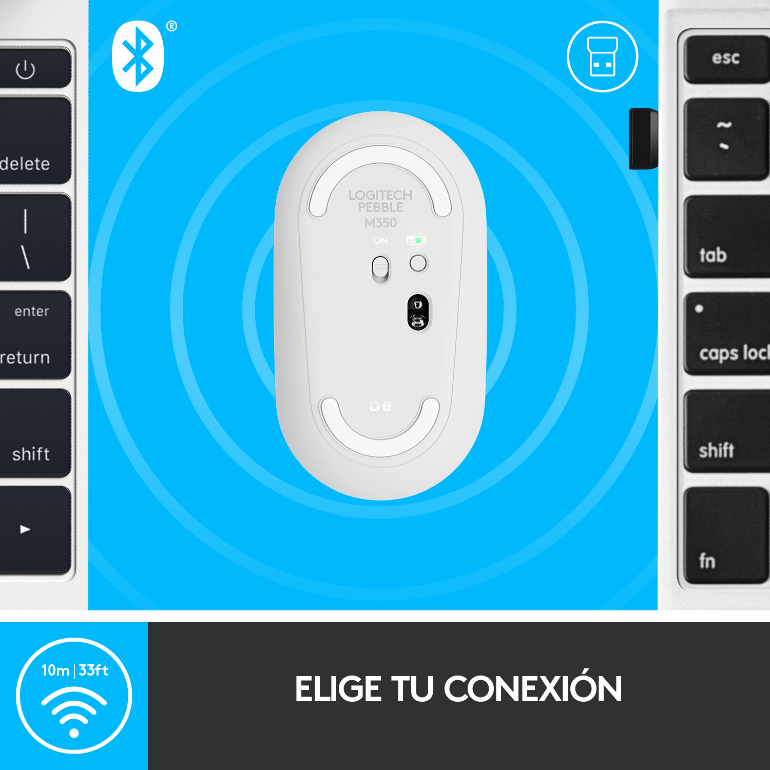 Ratón blanco en teclado. Texto en español: 'Elige tu conexión'. Símbolo Bluetooth.
