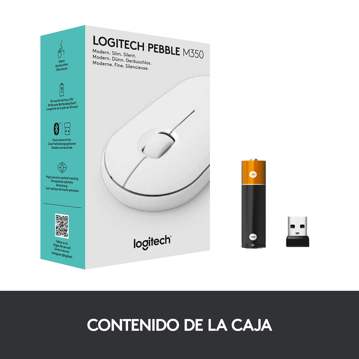 Caja del ratón Logitech Pebble M350 con batería y receptor USB sobre una superficie blanca.