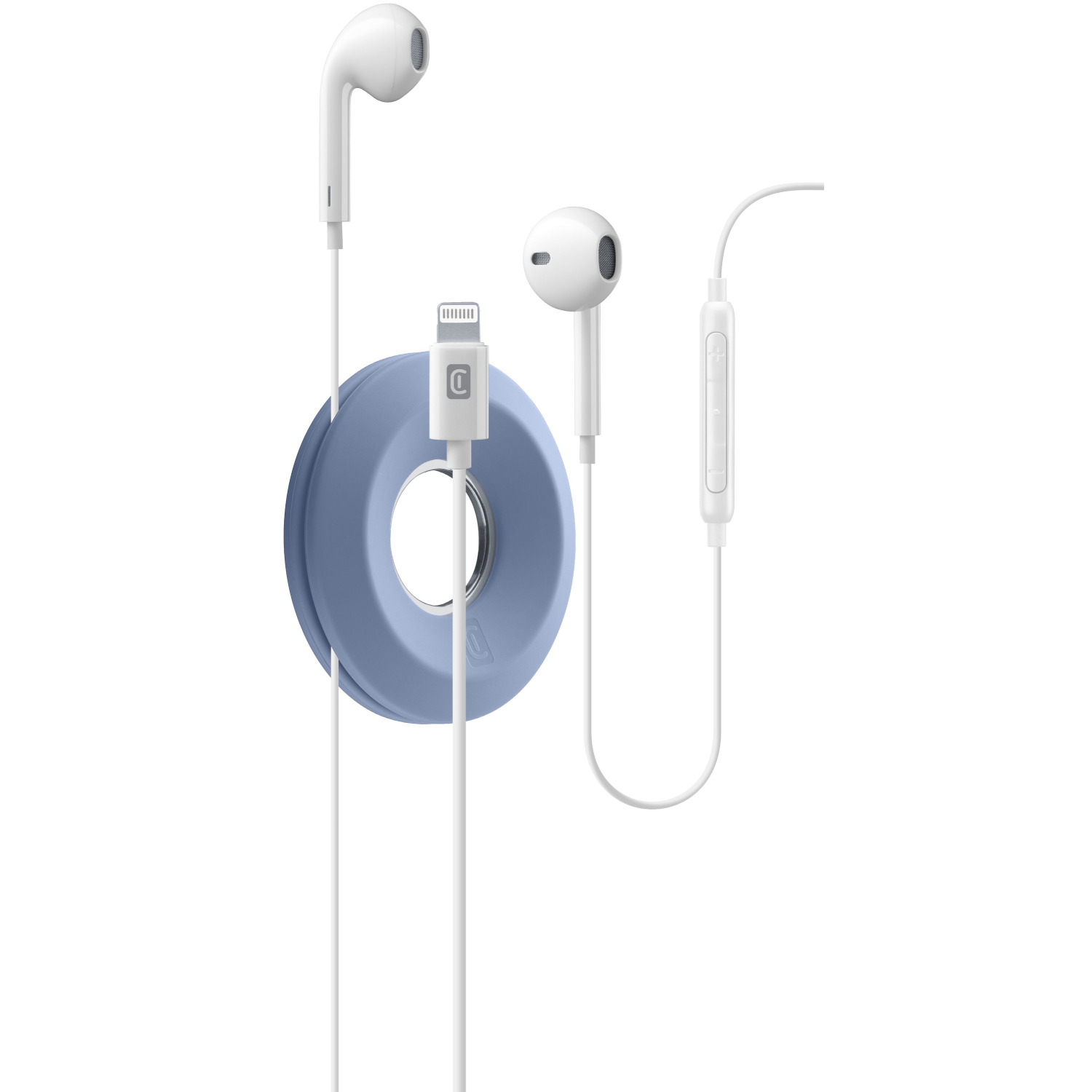 White earphones with a lightning connector and a blue cable holder.
