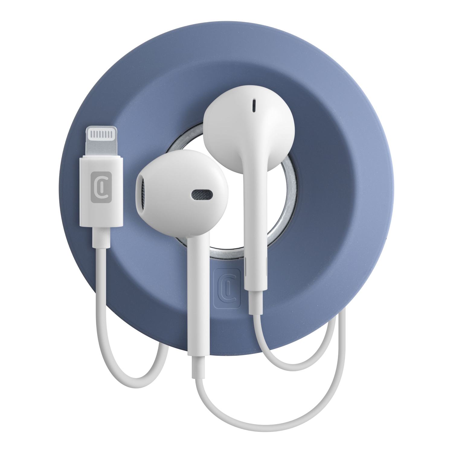White earphones and a charging cable are attached to a blue circular holder.