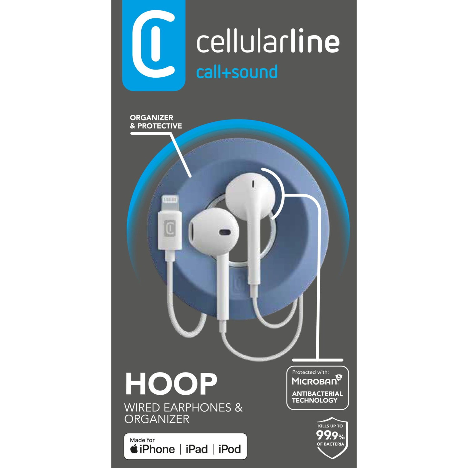 Earphone organizer with white earphones inside a blue holder, with text.