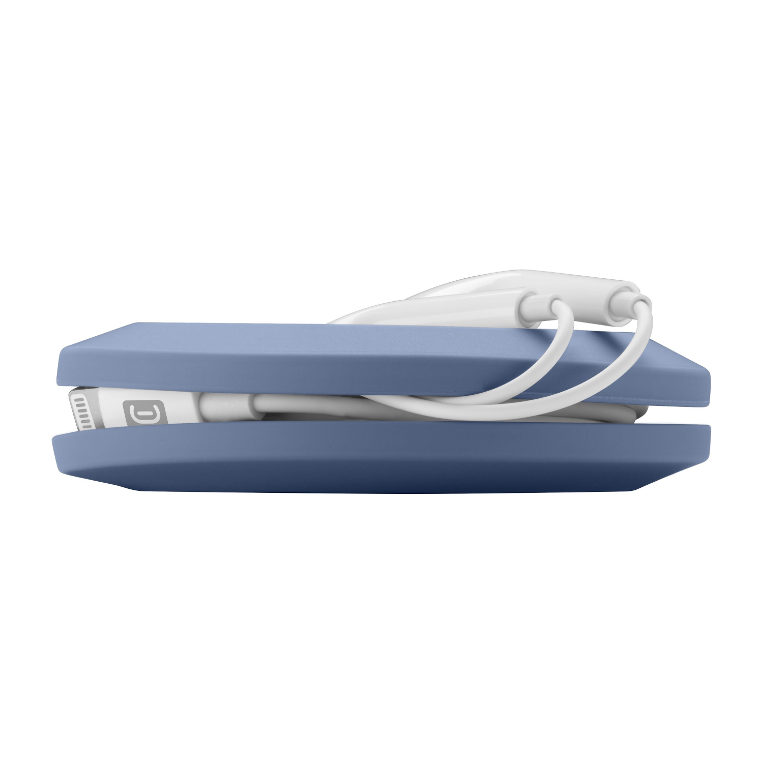 Blue case holding white earphones and cable, closed and flat on white background.