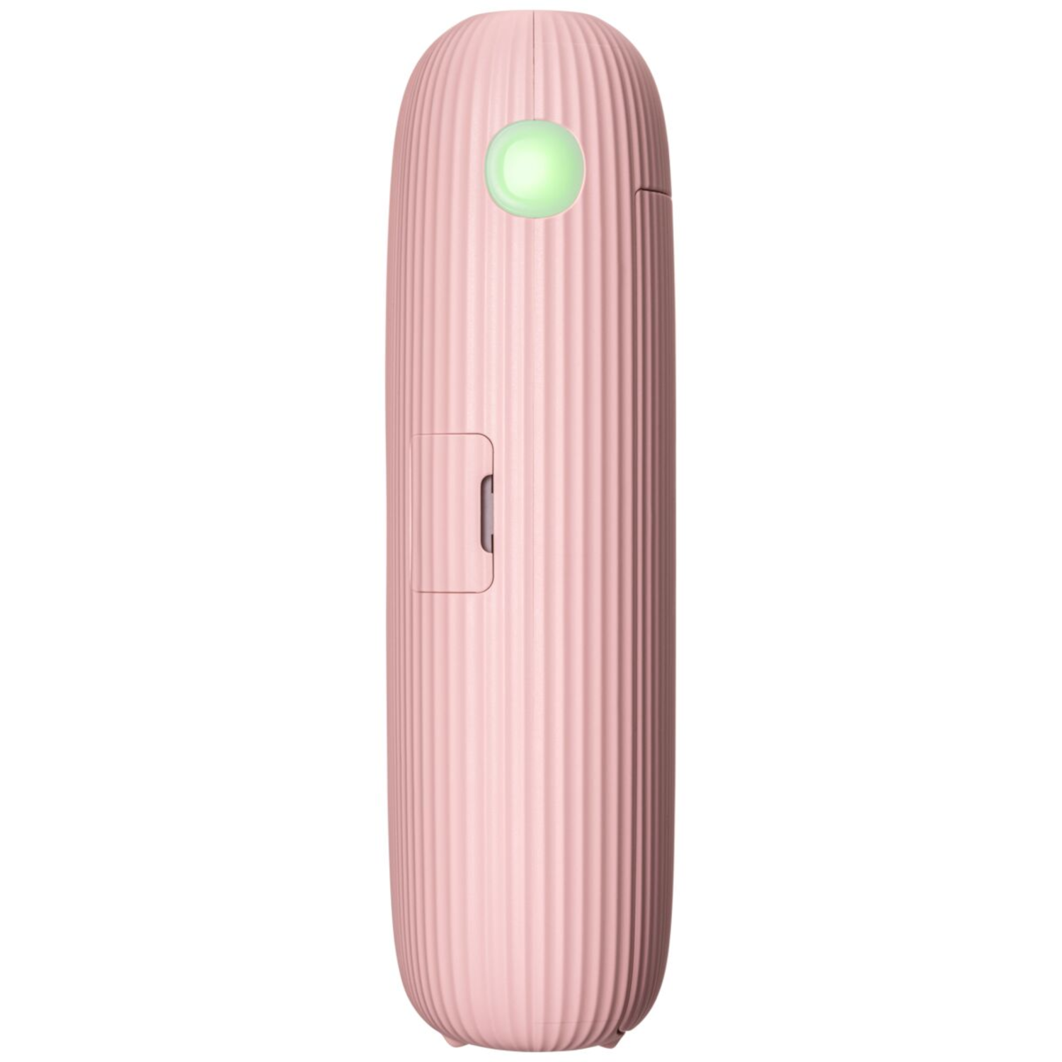 Pink, ribbed, cylindrical printer with a green light on top, and a small door on the side.