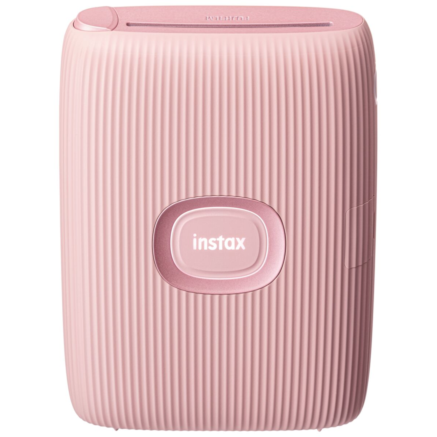 Pink Instax printer with a ridged body and an oval button with the Instax logo.