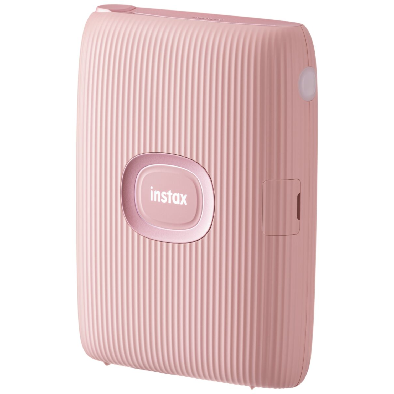 Pink Instax printer. The printer is a light pink color with a rounded design and a button.