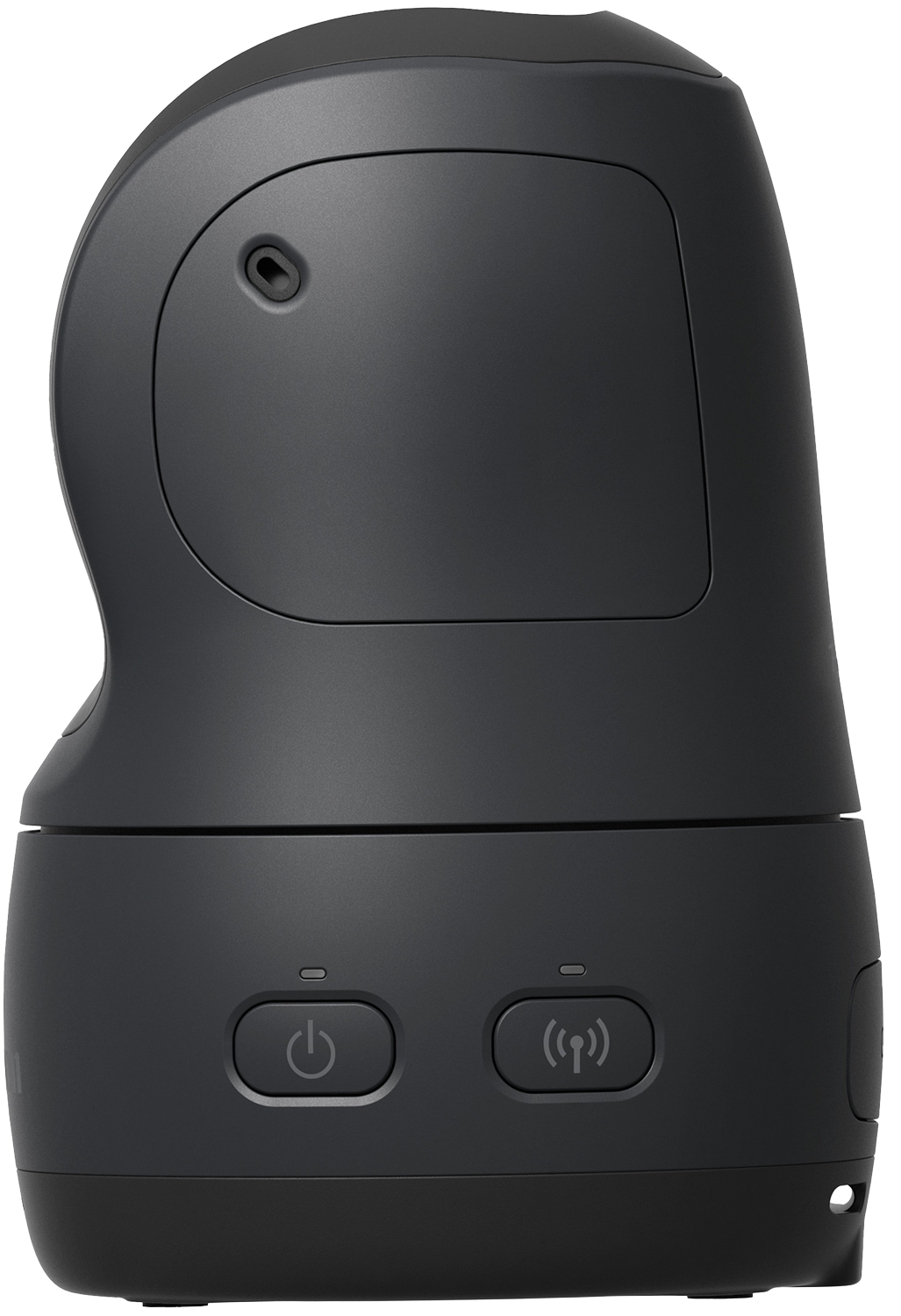 Black camera, with two buttons, a power button and a wireless connection button.