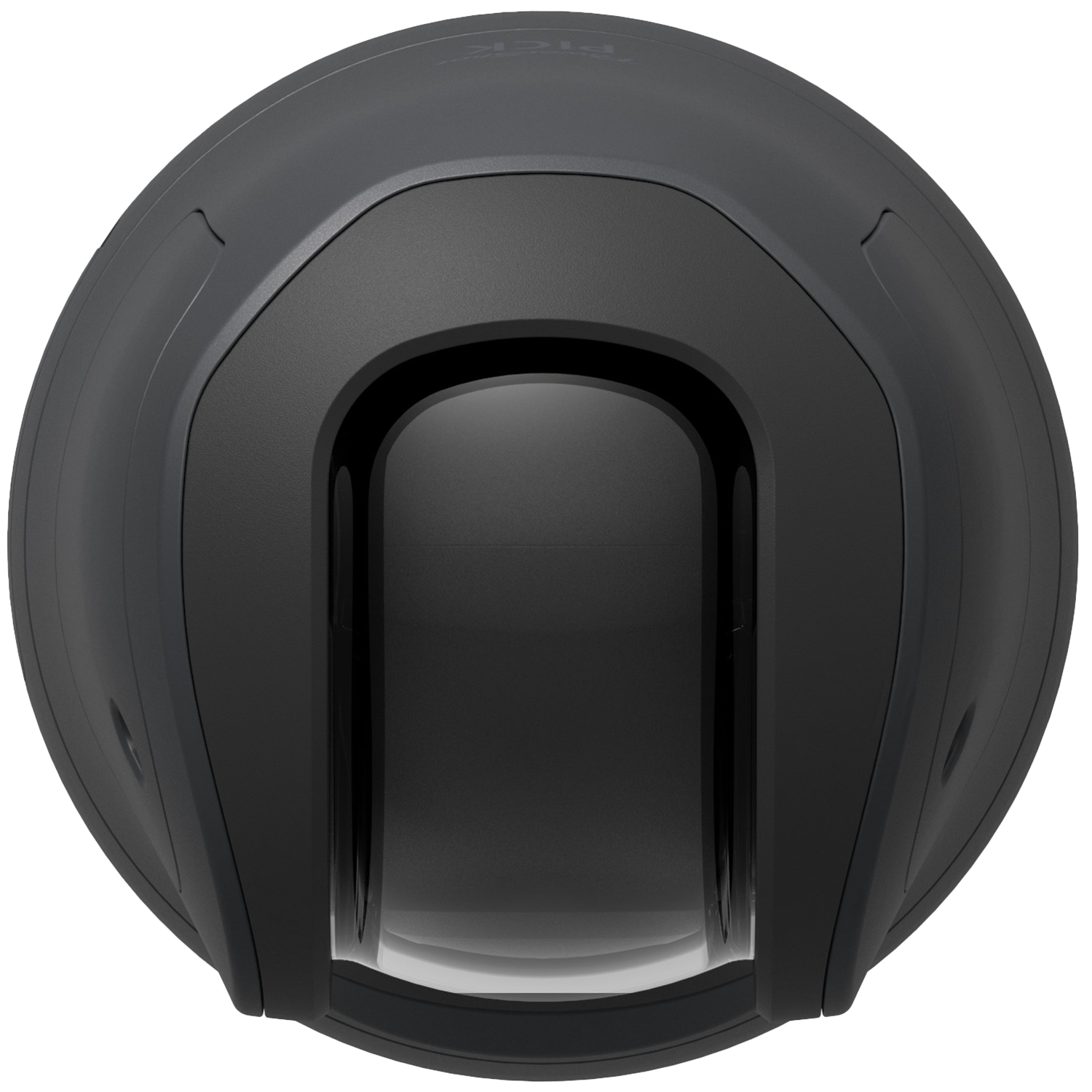 A dark gray, dome-shaped object with a rectangular window, possibly a security camera, on a white background.