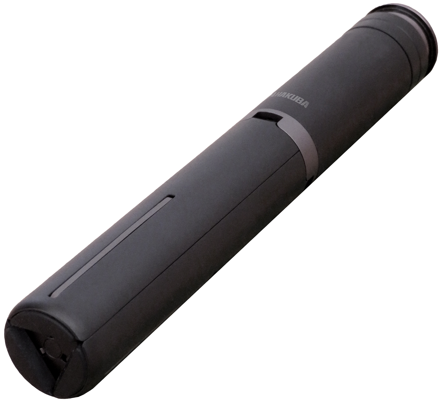 Black, cylindrical Makuba wine opener. It has a gray accent band. Perspective view on a black background.