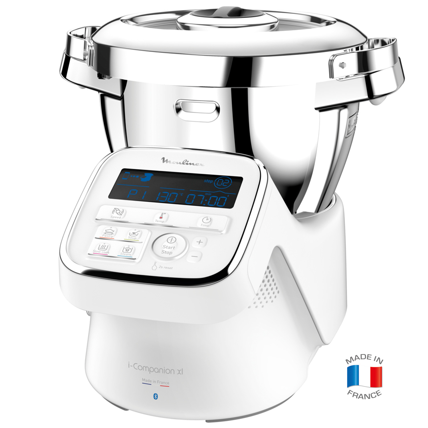 Electrodoméstico de cocina Moulinex i-Companion XL blanco, con panel de control y bol de acero inoxidable.