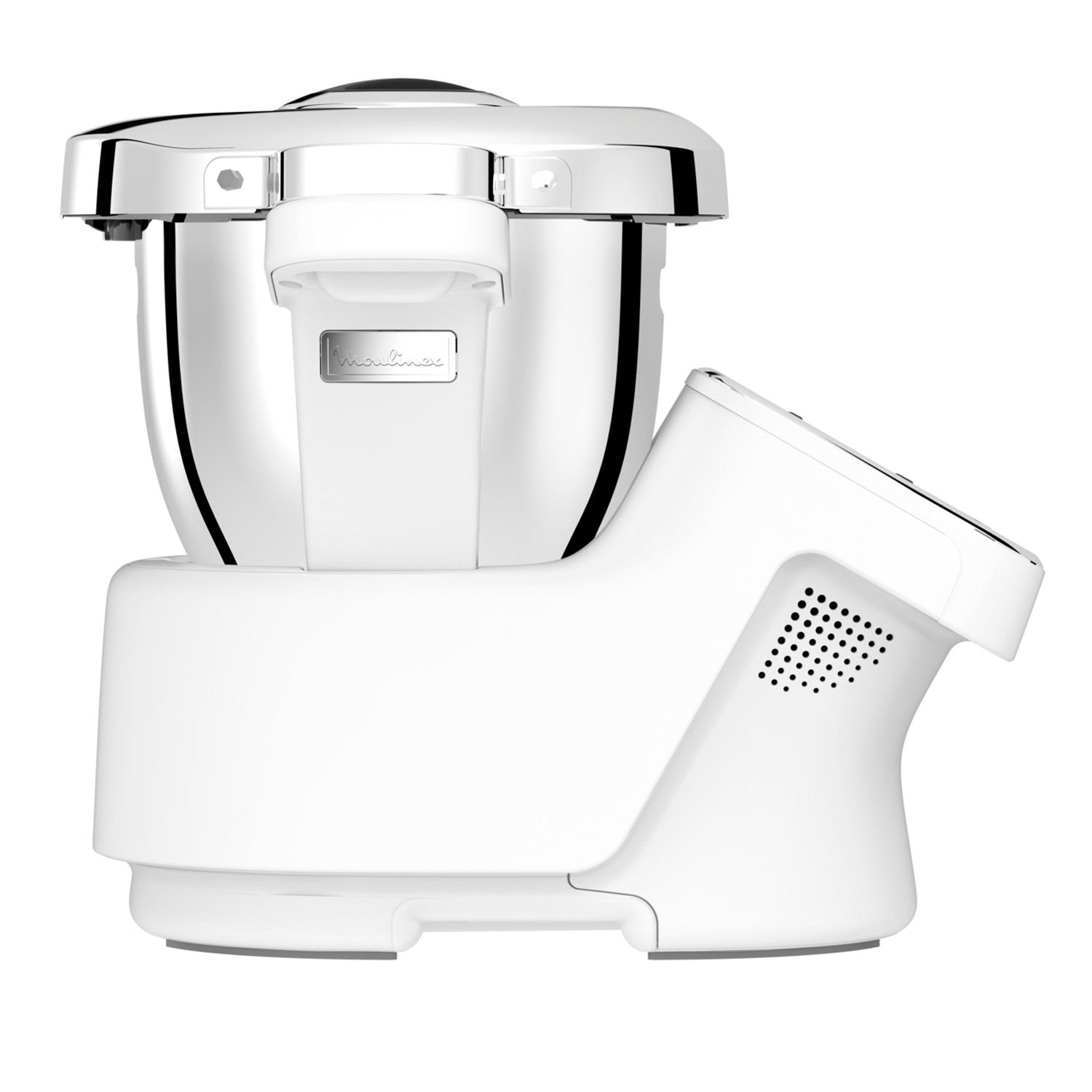 Electrodoméstico de cocina Moulinex blanco con un bol grande, vista lateral.