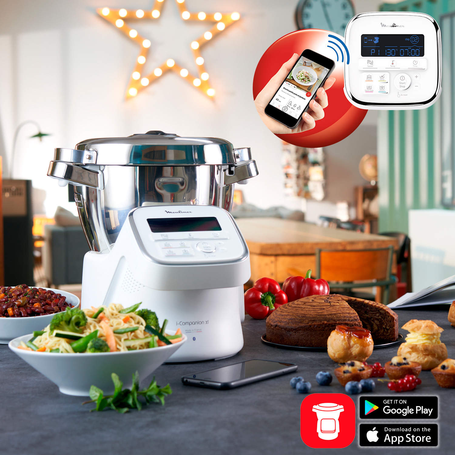 Electrodoméstico de cocina con comida, teléfono y luz en forma de estrella.