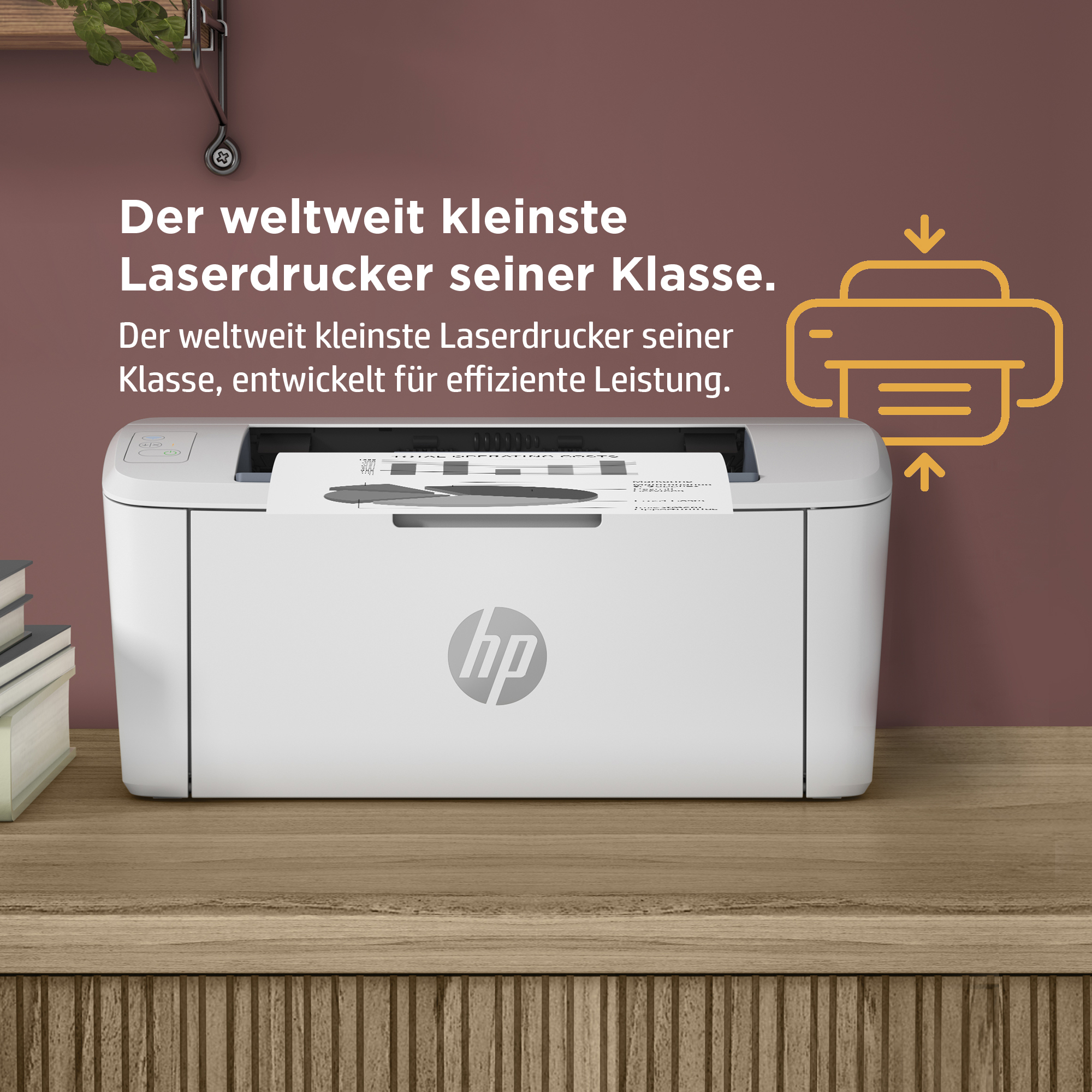 Weißer HP-Laserdrucker auf einem Holztisch mit deutschem Text und einer Grafik eines Druckers.