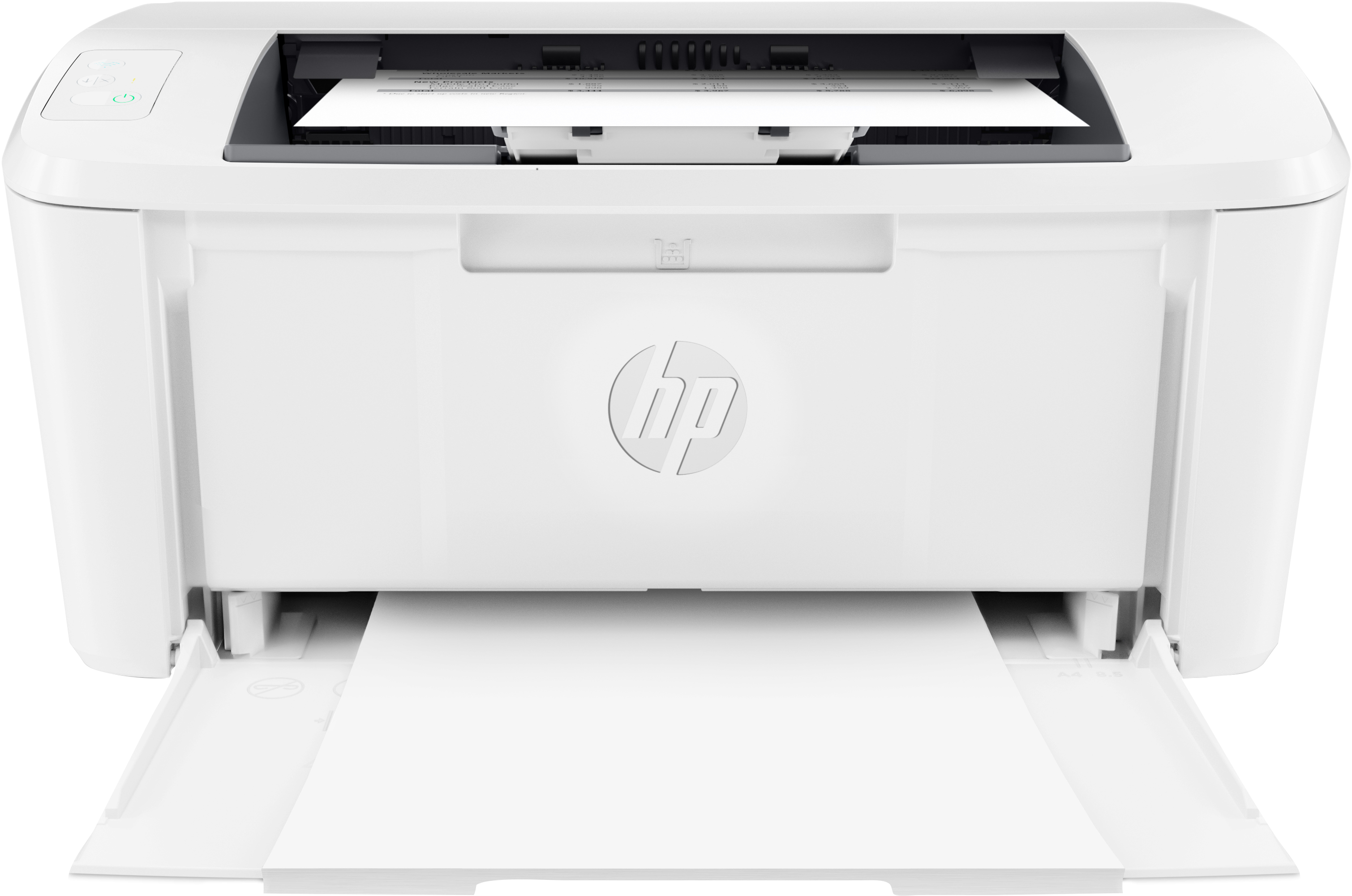 Weißer HP-Drucker mit Papier in Fach und Ausgabe. Vorderansicht.