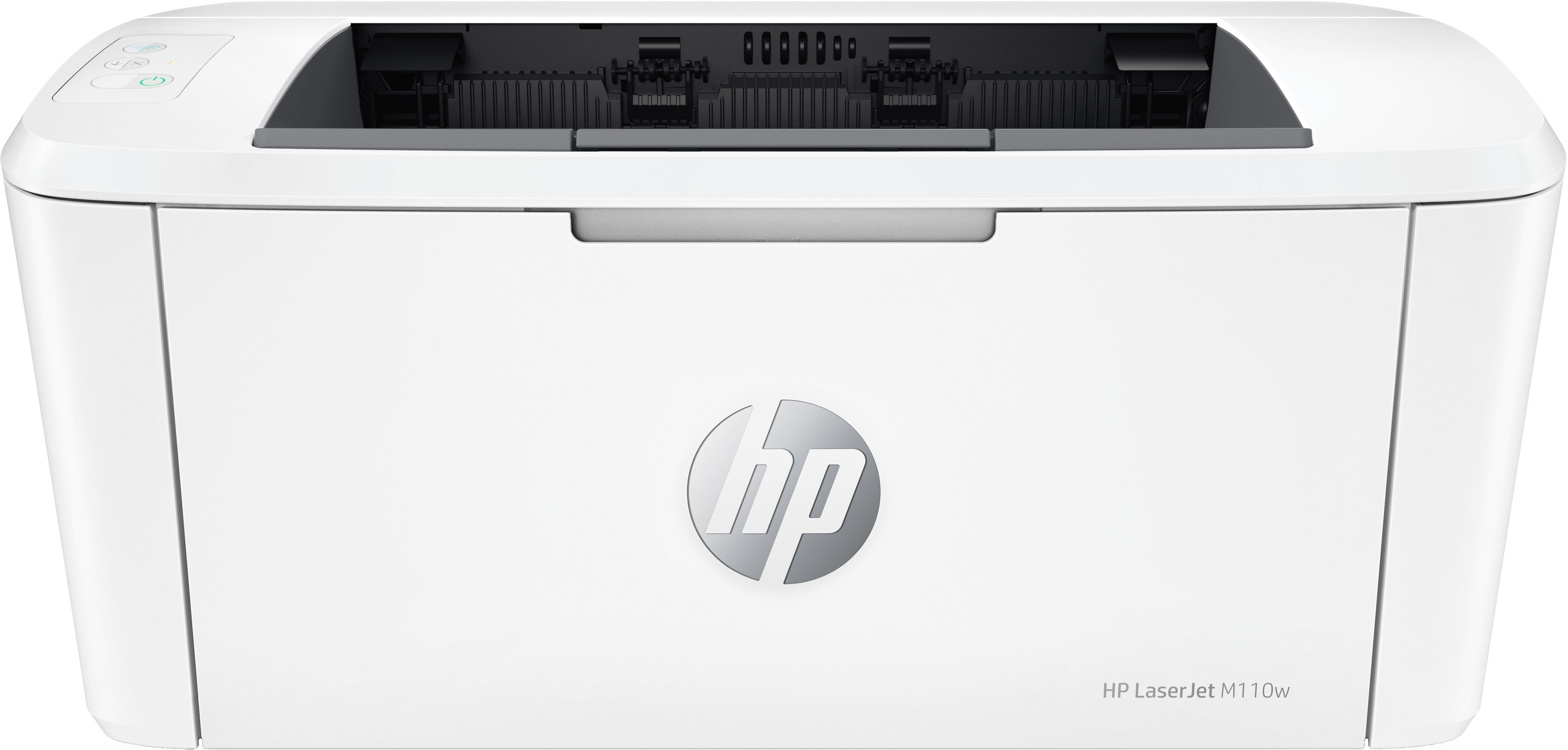Weißer HP LaserJet-Drucker. Das HP-Logo befindet sich in der Mitte.