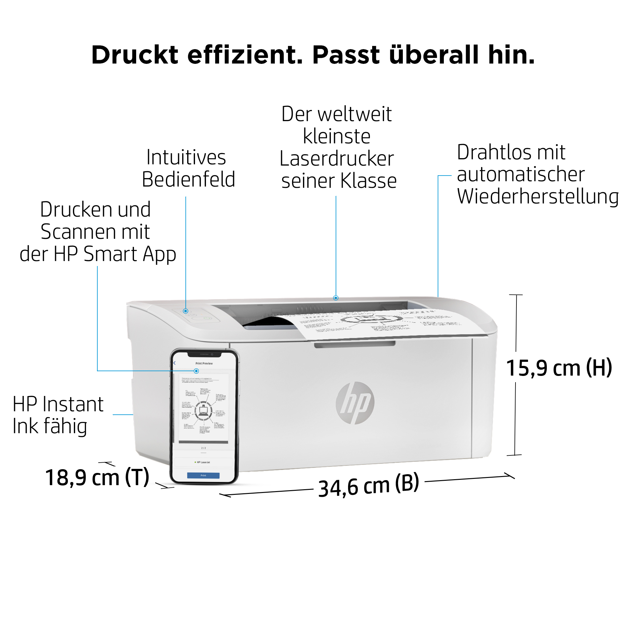 Weißer Drucker mit Text und Abmessungen, Telefon zeigt Druckoptionen, schwarzer Text auf weißem Hintergrund.